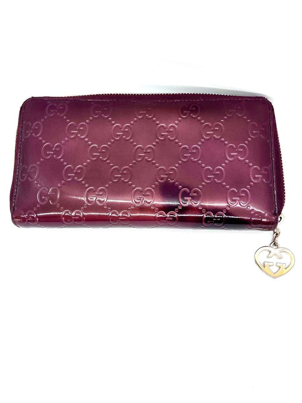 Gucci GG Embossed Lovely Heart Zip Wallet Burgundy Patent COA - Picture 6 of 16